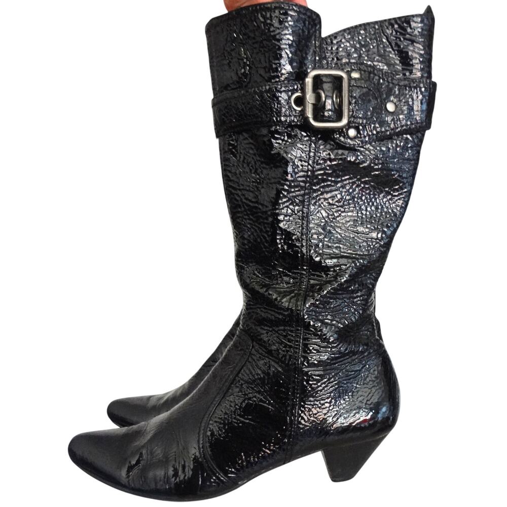 Vintage 90s Y2K Black Patent Leather Pebbled Boots Buckle Slouchy Womens 7.5